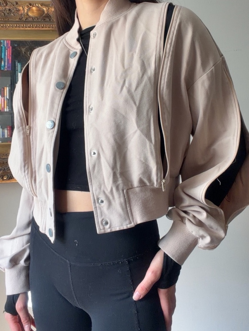 THE SET Cropped Bomber Jacket in Beige Size Large Like New